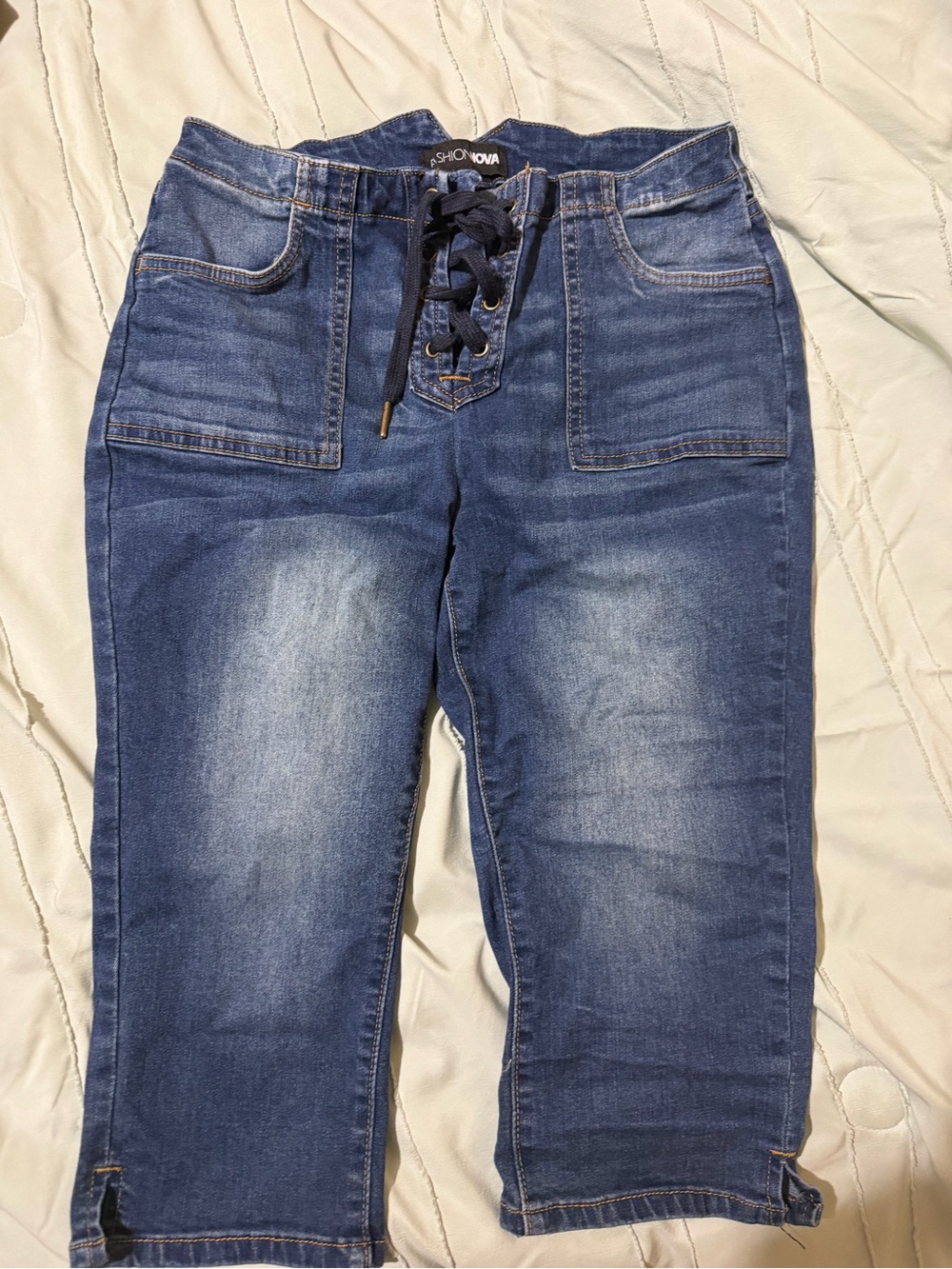 Fashion Nova Dark Blue Lace-Up Cropped Jeans